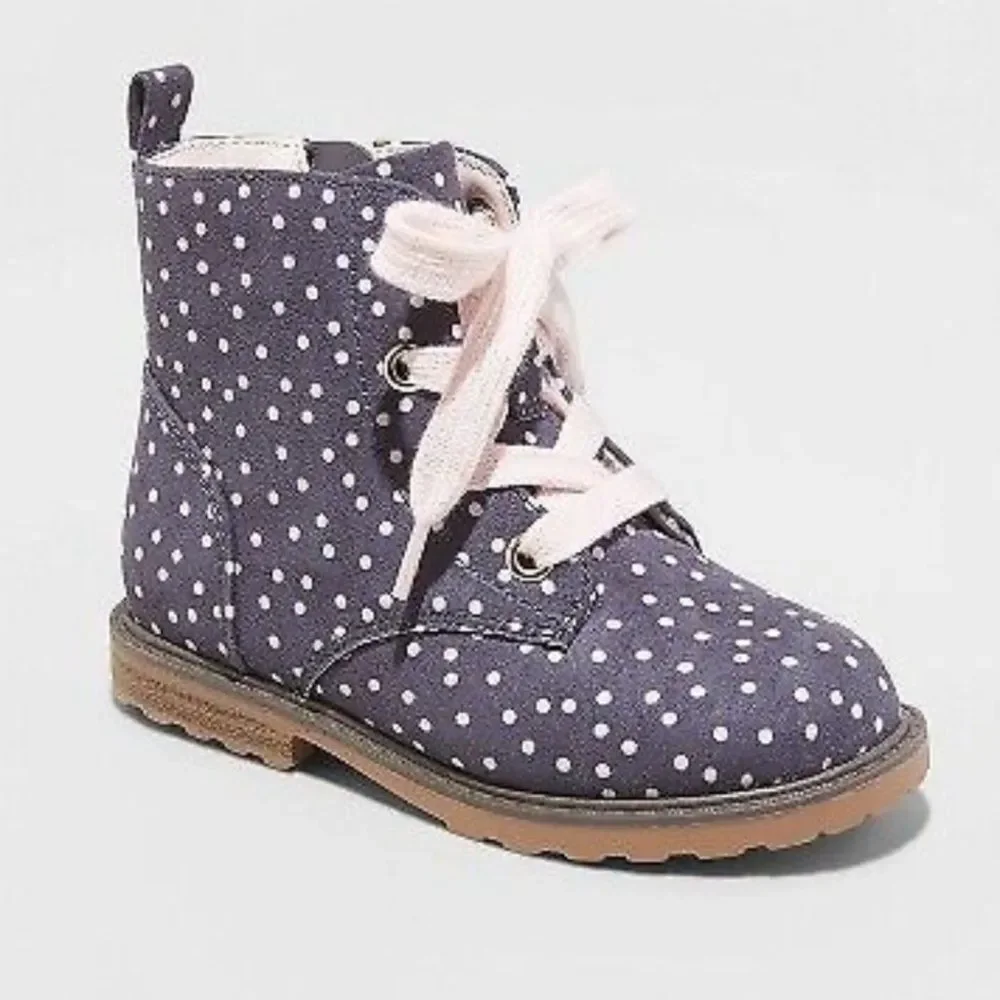 NWT Cat & Jack Giovanna Charcoal Grey & Pink Polka Dot Faux Suede Boots 8